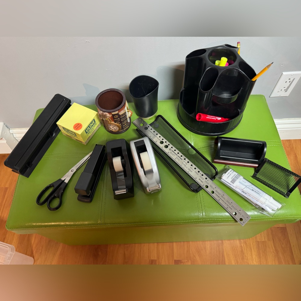 Assorted Black Office Desk Organizer Set and accessories
